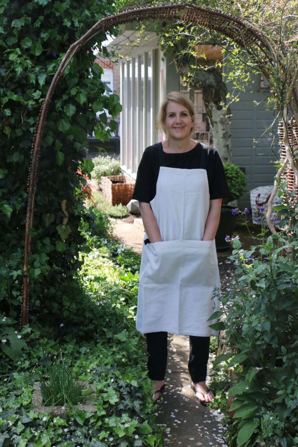 Natural linen apron with gingham ties