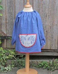 Traditional children's blue linen smock, Trees pocket