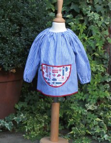 Traditional children's blue gingham smock, Pink London pocket